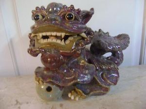 Vintage Chinese Foo Dog Shi Shi Dragon Lion Asian Sculpture Pottery Clay Signed