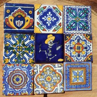 9 Mexican Talavera Pottery 2" Clay Tile Hand Painted Wall Folk Art Venice CD