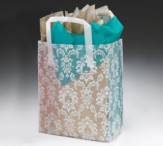 5ct Floral 10x8x4 White Damask Print Plastic Tote Gift Bags w Handles Weddings