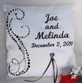 Bridal Damask Wedding Pillow Ring Bearer Black White Satin 8" Bride Groom P47