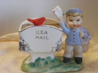 Vtg Mail Carrier Postman Little Boy USA Planter w Red Bird Ceramic Numbered