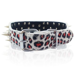 Red Pink Leopard Leather Spiked Dog Collar Pitbull Bully Spikes Extra Large XL