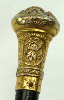 Antique Victorian Ornate Gold Topped Walking Stick Cane