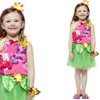 Girls Kids Hawaiian Hula Girl Childrens Fancy Dress Costume Flower Garland Set
