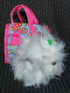 Battat Small Pucci Pups White Fluffy Puppy Dog Plush Floral Hot Pink Carrier