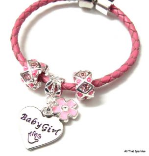 Pink Leather Baby Girl Heart Flower Childrens Girl Bead Bracelet