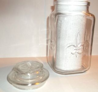 Vintage Anchor Hocking 4 Sided Clear Glass Fleur de Lis Jar Canister w Lid Mint