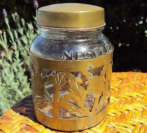 Antique 1930 Nestle Tea Coffee Glass Jar w Copper Brass Rose Pattern Holder