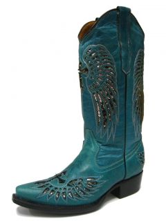 Women's Ladies Turquoise Leather Western Cowboy Boots with Wings Cross