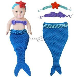 3pcs Newborn Baby Girl Little Mermaid Tail Costume Outfit Crochet Knit Props New