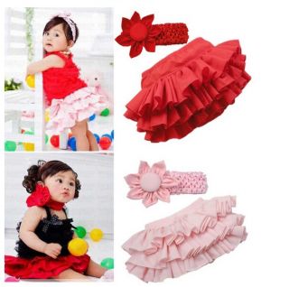 Kids Baby Girls Ruffle Skirt Pants Headband Bloomers Nappy Costume 2pcs 0 24M