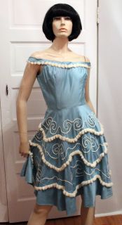 Vtg 50s Baby Blue Rockabilly Pom Pom Dress Off Shoulder Embroidery Pinup Costume