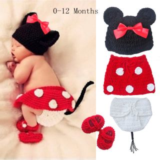 3pcs Newborn Baby Girls Knit Crochet Minnie Mouse Costume Photo Prop Outfit Cute