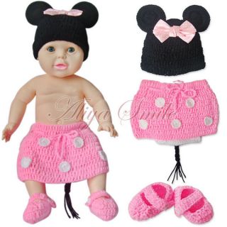 3pc Crochet Baby Girls Cute Minnie Costume Infant Knit Photo Props Outfits 0 12M