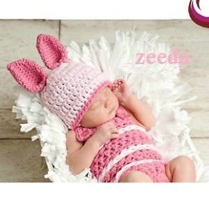 Handmade 2 Piece Set Newborn Baby Girl Crochet Bunny Costume Photo Props 0000