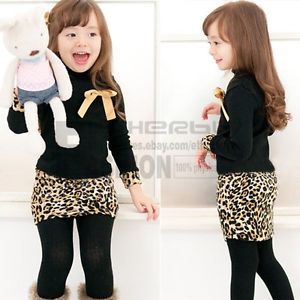 Girls Kids Baby Leopard Long Sleeve Bow Party Pageant Dress Skirt Costume Sz 3T
