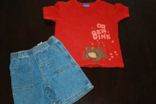 Lot OshKosh Toddler Boys Shirt Top Blue Jeans Short 2 PC Set Outfit Clothes 4 4T