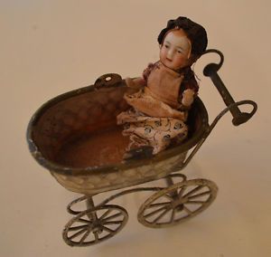 Exquisite Victorian Antique Miniature Dollhouse Bisque Baby Doll in Pram BB67