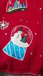 Ugly Christmas Sweater Snowglobe Beaded Snowflakes Red Silver Size Large L