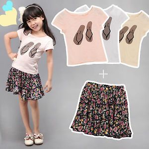 Toddler Kids Girl Cool Summer Top T Shirts Frilly Floral Skirt 2pcs"Set 7"
