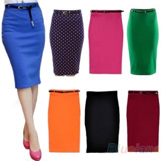 Fashion Women High Waisted Belted Stretch Bodycon Knee Length Pencil Skirt BH3U