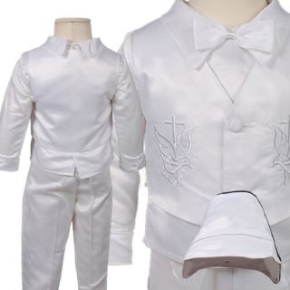 KD259 New White 4pc Infant Boy Toddler Christening Baptism Vest Long Suit