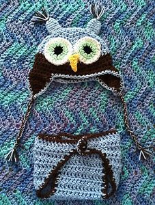 Infant Baby Boy Owl Crocheted Hat Cap Diaper Cover Set Blue Brown Photo Prop