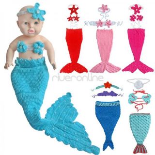 3pcs Newborn 12M Baby Infant Mermaid Outfit Knit Tail Crochet Costume Photo Prop