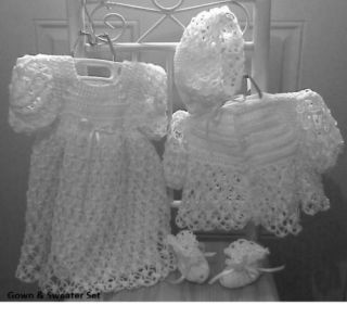 White Crochet Baby Christening Gown Sweater Hat Booties or Afghan Layette Set