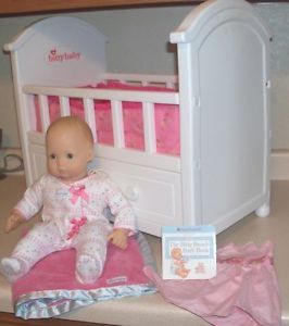 Lot American Girl Bitty Baby Doll Crib with Drawer Bedding Clothes Blanket