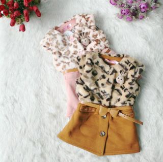Pretty Baby Girls Faux Fur Leopard Print Sundress Dress Kids Princess Skirt Belt