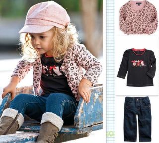 Girls Kids Sets Leopard Coat Top T Shirt Jeans Pants 3pcs Outfit Costume Sz 1 6
