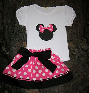 Minnie Mouse Hot Pink Black Polka Dot Skirt Top Set Outfit 6 12 2T 3T 4T 5