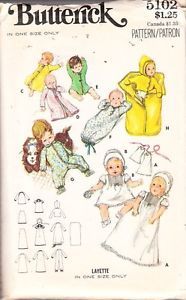 70s Butterick 5102 Baby Doll Clothing Layette Sewing Pattern One Size
