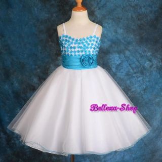 White Blue Sewn Flower Girl Tulle Dress Wedding Pageant Party Size 3T 4T FG195