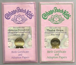 2 Birth Certificates Cabbage Patch Kid Babies Doll October July No Clothes Girls