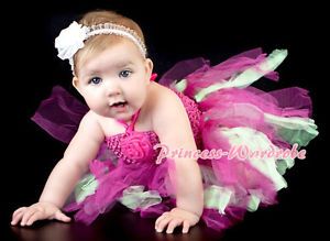 Baby Handmade Pink Green Knotted Tulle Tutu Hot Pink Crochet Tube Top Set NB 24M