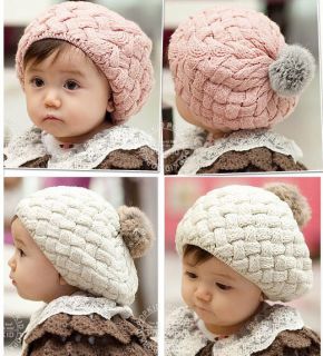 New Cute Children Girl Winter Warm Knit Beanie Beret Hat Cap Cream Pink 2 Colors