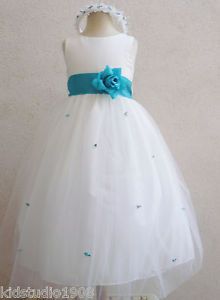 New Ivory Turquoise Blue Baby Formal Flower Girl Dress s M L XL 2 4 6 8 10 12 14