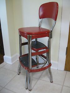 Vtg Deep Red Cosco Stylaire Kitchen Step Stool Mid Century Chair Seat Retro