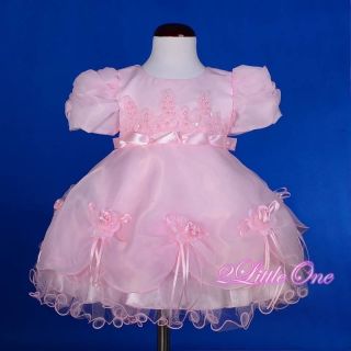 Pearl Wedding Flower Girl Dress Pageant Christening Party Baby 9 12M Pink FG215