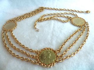 Vintage M Theresia DG Faux Coin Gold Plated Necklace or Belt UNWORN RARE 241gr