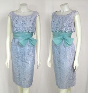 Vintage 1960s Baby Blue Lace Wiggle Party Dress w Organza Bow Sash