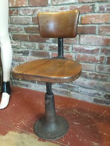 Antique Wood Cast Iron Adjustable Industrial Draftsman Stool Machine Age Chair