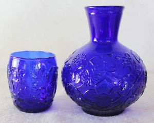 Bedside Cobalt Blue Glass Carafe Set Pitcher Drinking Water Glass Decanter