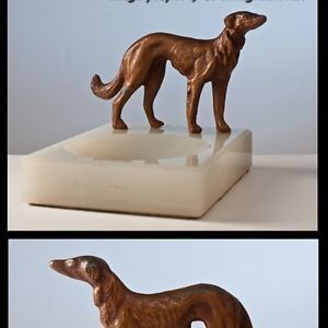 Art Deco Greyhound Borzoi Metal Dog Sculpture on Alabaster Desk Tray Catch All