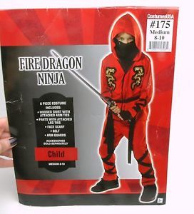 Boys Child Kids Youth Fire Dragon Ninja Halloween Costume 3 Pieces Med 8 10