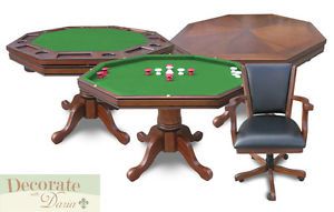3 in 1 Poker Table w 4 Arm Chairs Bumper Pool Dining 48" Walnut Finish Wood New