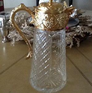 Gold with Hand Cut Glass Dazzling Wine Pitcher Decanter with Cover Antique WOW