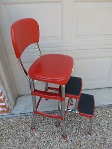 Vintage Cosco Kitchen Step Stool Chair Bright Red Chrome Retro